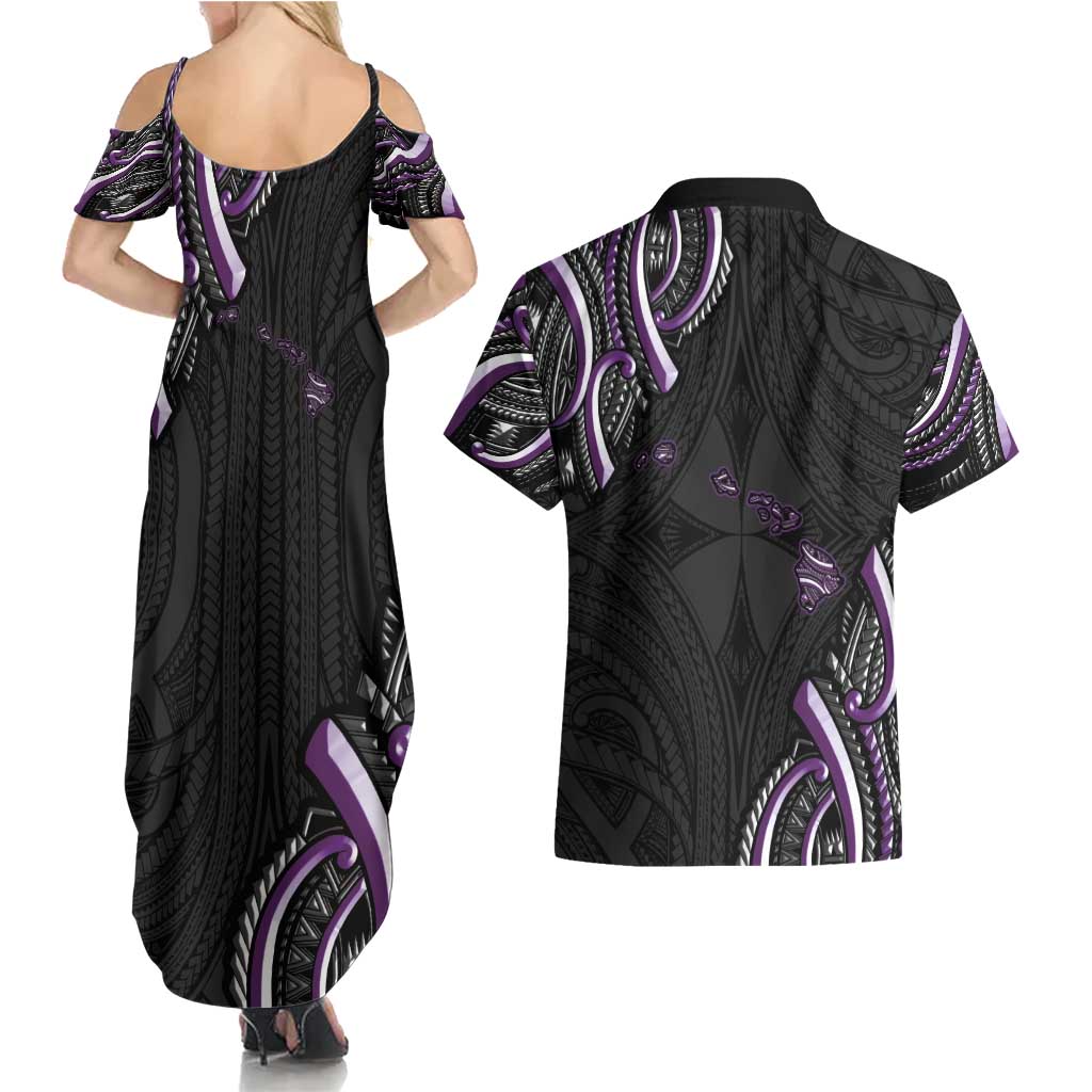 Traditional Art Hawaiian Kakau Tattoos Couples Matching Summer Maxi Dress and Hawaiian Shirt Purple Color - Polynesian Pride