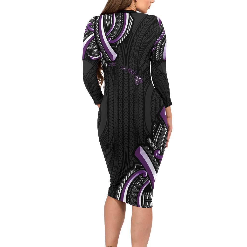 Traditional Art Hawaiian Kakau Tattoos Family Matching Long Sleeve Bodycon Dress and Hawaiian Shirt Purple Color - Polynesian Pride