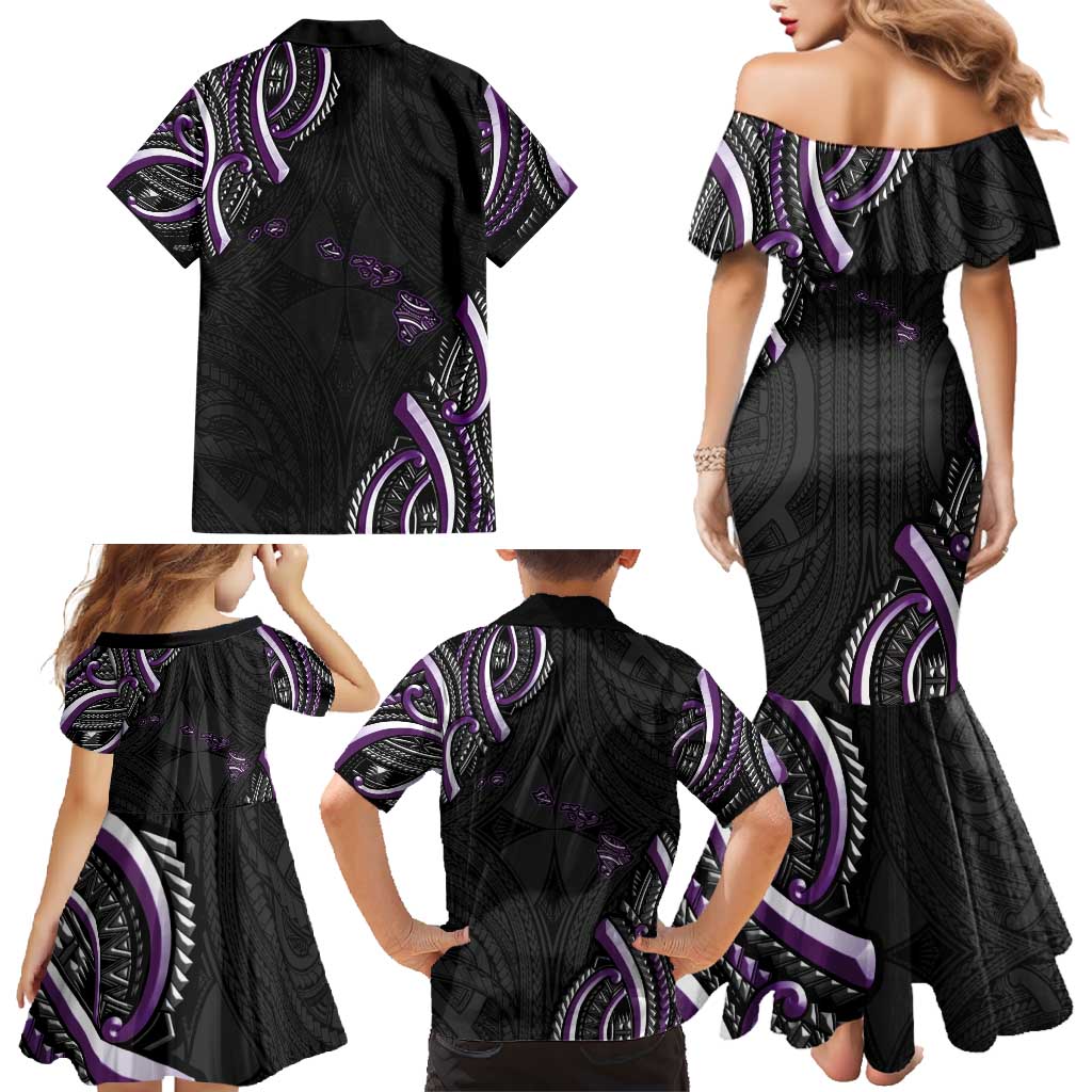 Traditional Art Hawaiian Kakau Tattoos Family Matching Mermaid Dress and Hawaiian Shirt Purple Color - Polynesian Pride