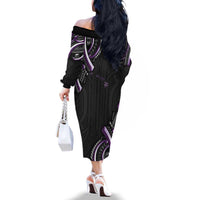 Traditional Art Hawaiian Kakau Tattoos Family Matching Off The Shoulder Long Sleeve Dress and Hawaiian Shirt Purple Color - Polynesian Pride
