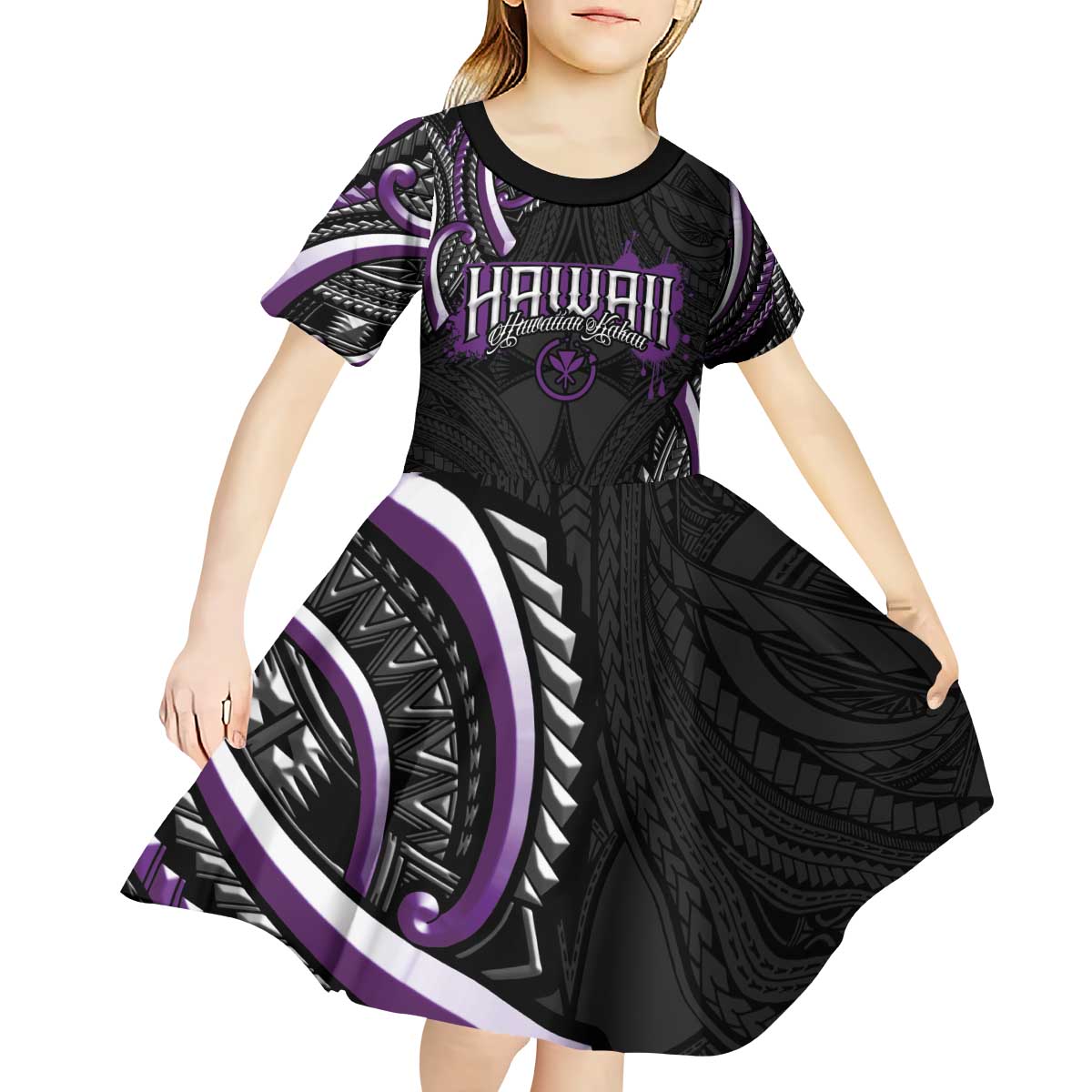 Traditional Art Hawaiian Kakau Tattoos Kid Short Sleeve Dress Purple Color - Polynesian Pride