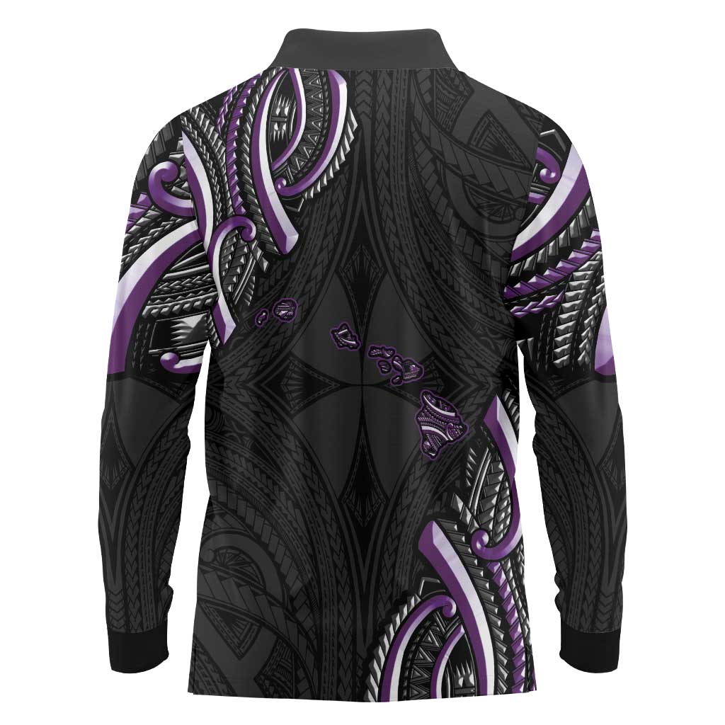 Traditional Art Hawaiian Kakau Tattoos Long Sleeve Polo Shirt Purple Color - Polynesian Pride