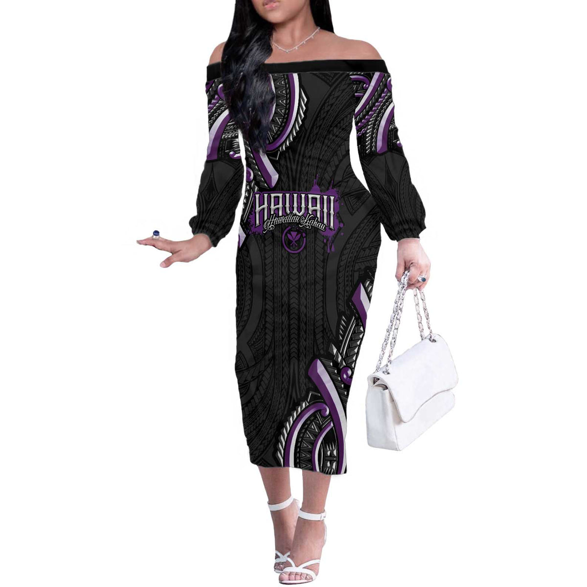 Traditional Art Hawaiian Kakau Tattoos Off The Shoulder Long Sleeve Dress Purple Color - Polynesian Pride