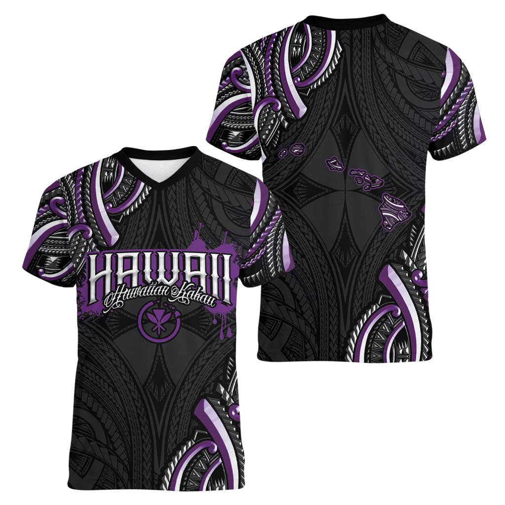 Traditional Art Hawaiian Kakau Tattoos Women V-Neck T-Shirt Purple Color - Polynesian Pride