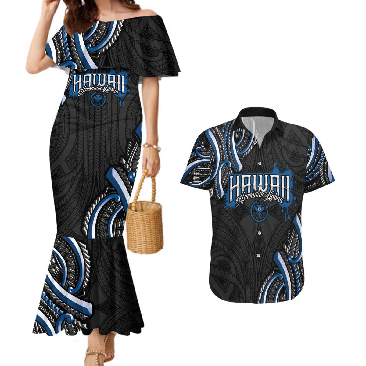 Traditional Art Hawaiian Kakau Tattoos Couples Matching Mermaid Dress and Hawaiian Shirt Blue Color - Polynesian Pride