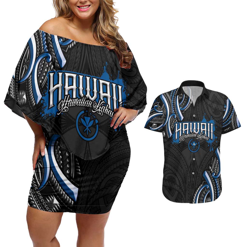 Traditional Art Hawaiian Kakau Tattoos Couples Matching Off Shoulder Short Dress and Hawaiian Shirt Blue Color - Polynesian Pride