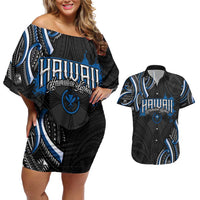 Traditional Art Hawaiian Kakau Tattoos Couples Matching Off Shoulder Short Dress and Hawaiian Shirt Blue Color - Polynesian Pride
