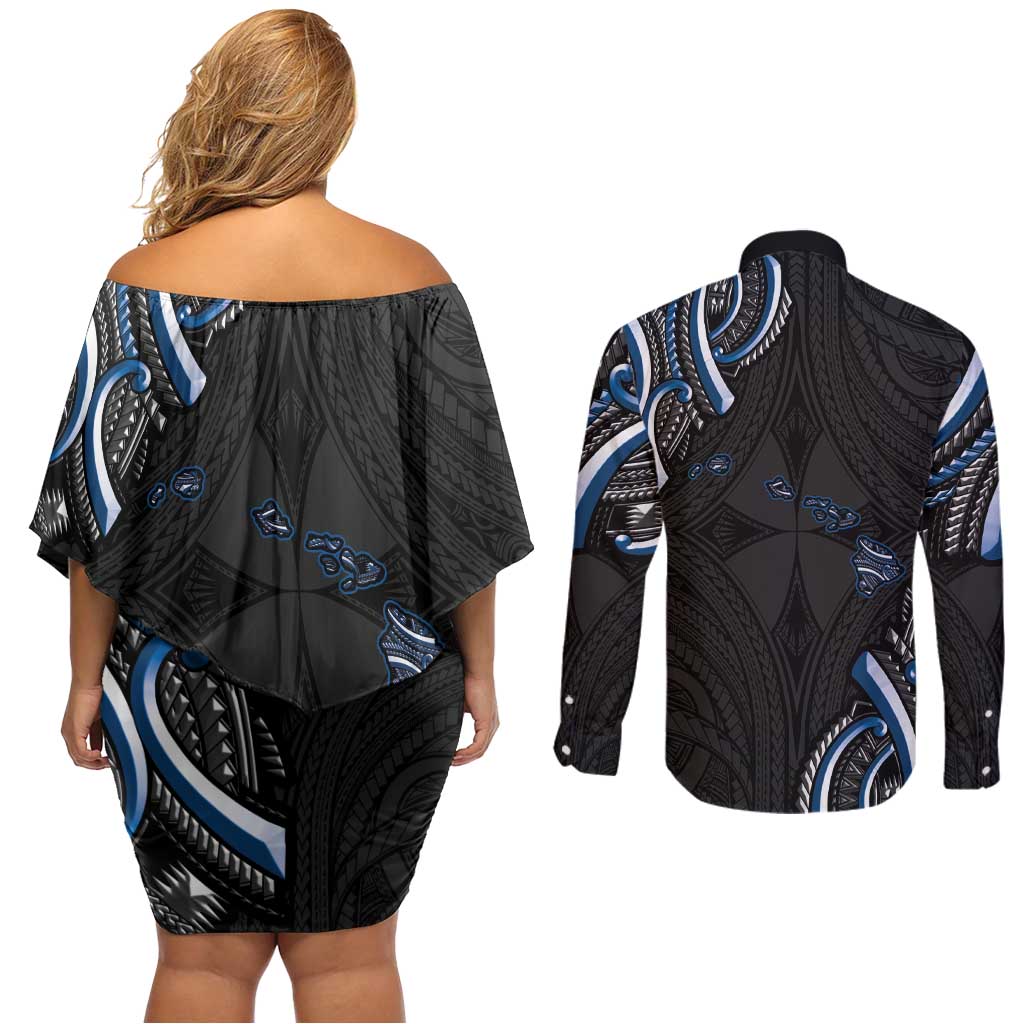 Traditional Art Hawaiian Kakau Tattoos Couples Matching Off Shoulder Short Dress and Long Sleeve Button Shirt Blue Color LT03 - Polynesian Pride