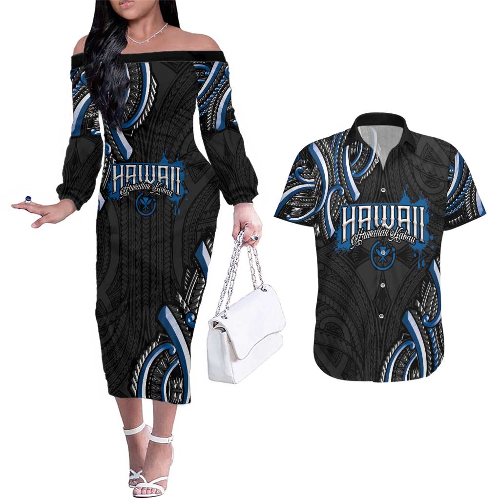 Traditional Art Hawaiian Kakau Tattoos Couples Matching Off The Shoulder Long Sleeve Dress and Hawaiian Shirt Blue Color - Polynesian Pride
