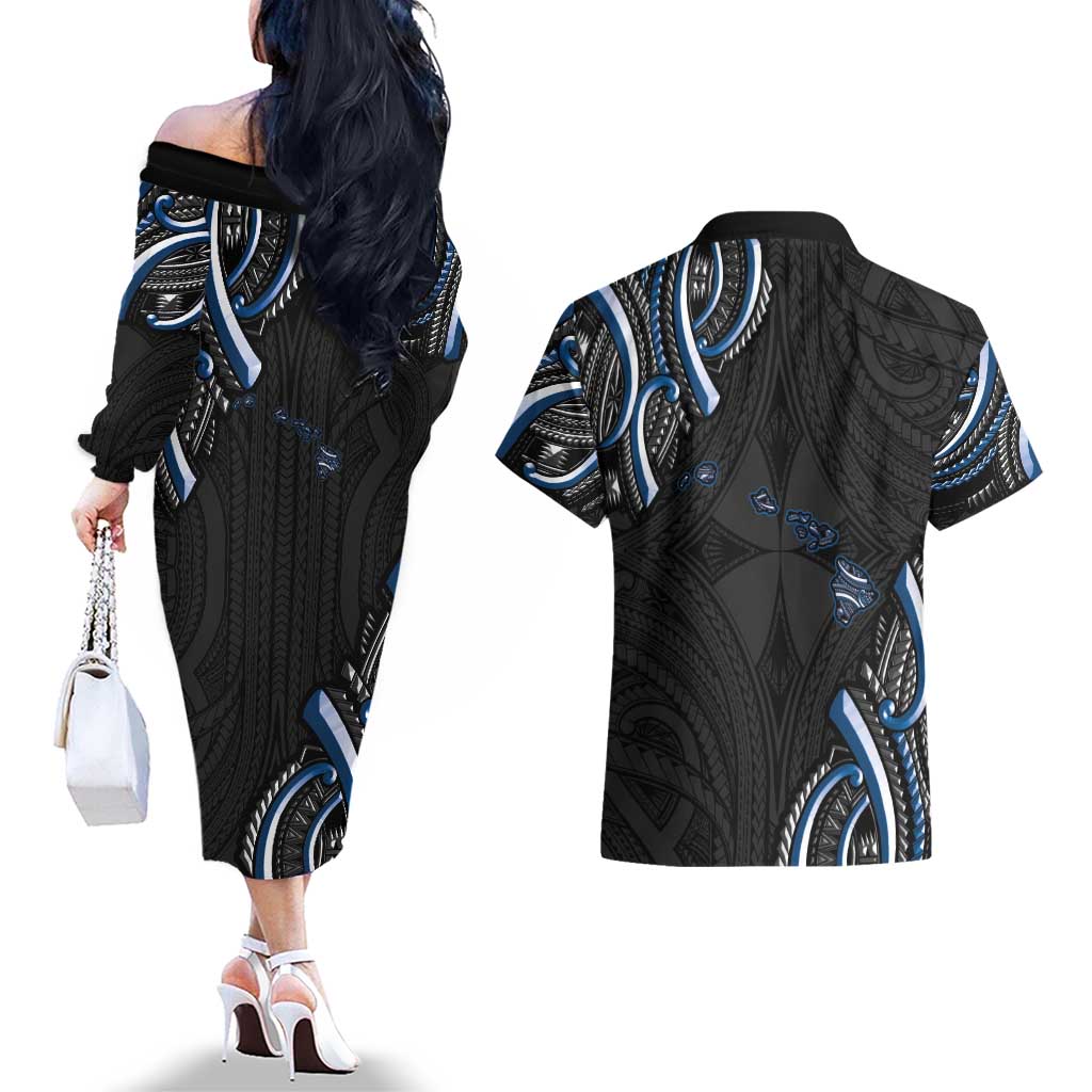 Traditional Art Hawaiian Kakau Tattoos Couples Matching Off The Shoulder Long Sleeve Dress and Hawaiian Shirt Blue Color - Polynesian Pride