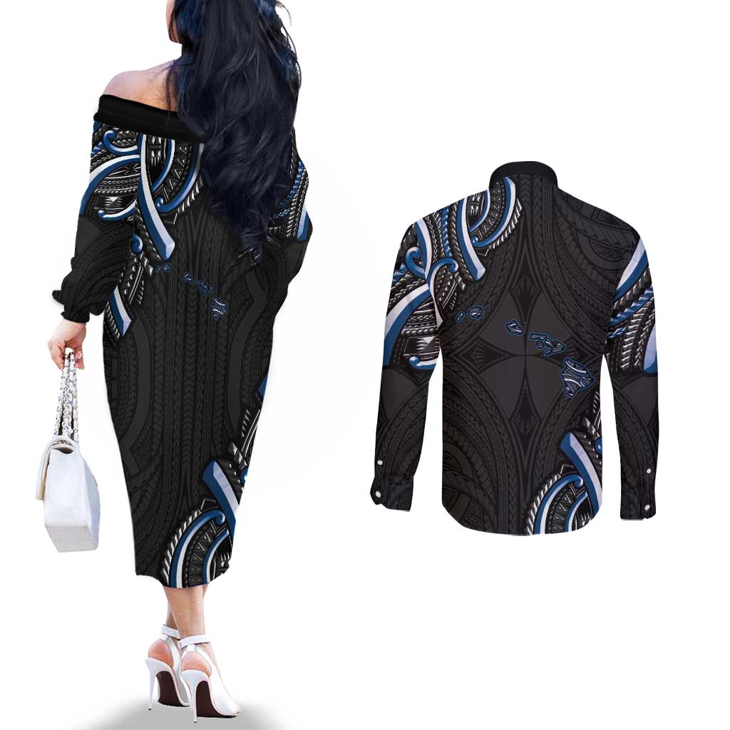 Traditional Art Hawaiian Kakau Tattoos Couples Matching Off The Shoulder Long Sleeve Dress and Long Sleeve Button Shirt Blue Color - Polynesian Pride