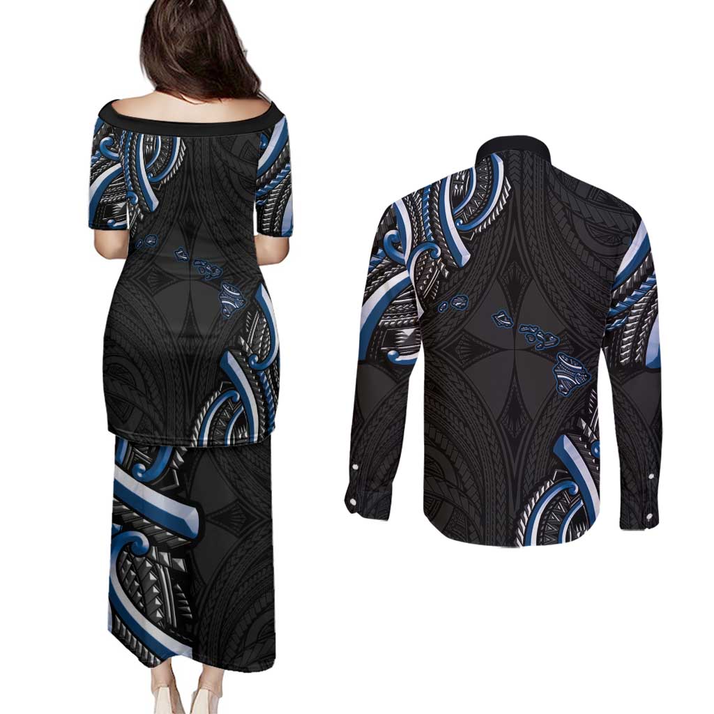 Traditional Art Hawaiian Kakau Tattoos Couples Matching Puletasi and Long Sleeve Button Shirt Blue Color LT03 - Polynesian Pride