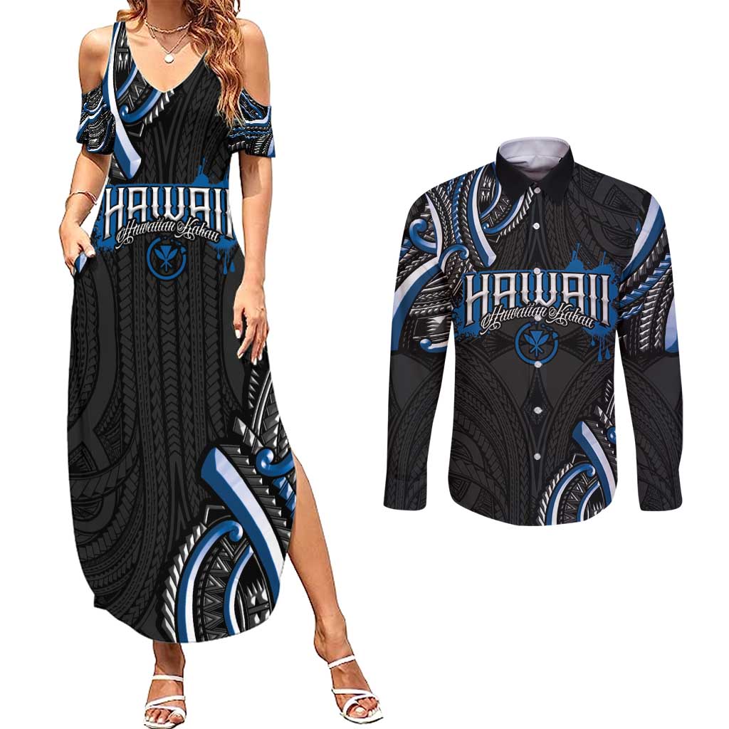 Traditional Art Hawaiian Kakau Tattoos Couples Matching Summer Maxi Dress and Long Sleeve Button Shirt Blue Color LT03 Blue - Polynesian Pride