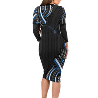 Traditional Art Hawaiian Kakau Tattoos Family Matching Long Sleeve Bodycon Dress and Hawaiian Shirt Blue Color - Polynesian Pride