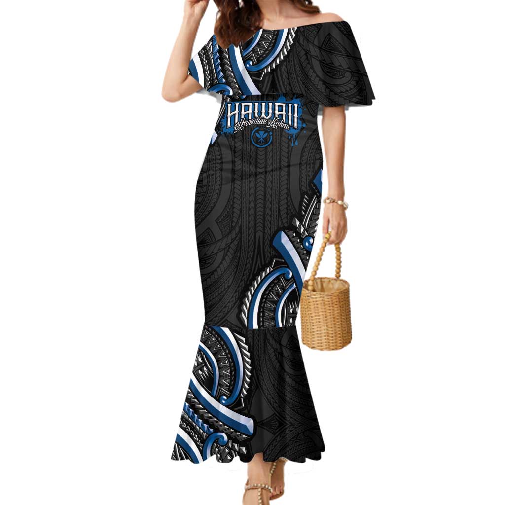 Traditional Art Hawaiian Kakau Tattoos Family Matching Mermaid Dress and Hawaiian Shirt Blue Color - Polynesian Pride