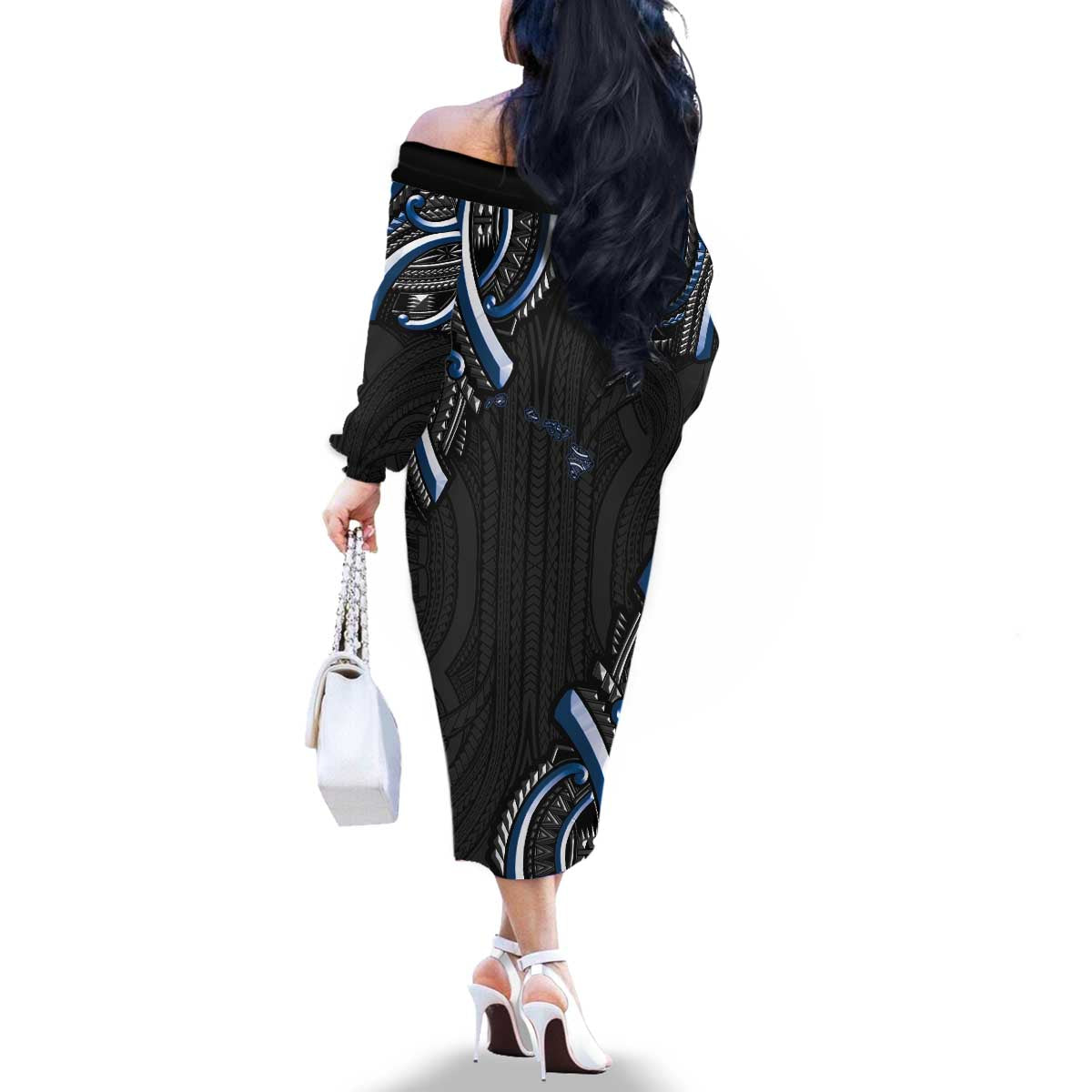 Traditional Art Hawaiian Kakau Tattoos Family Matching Off The Shoulder Long Sleeve Dress and Hawaiian Shirt Blue Color - Polynesian Pride