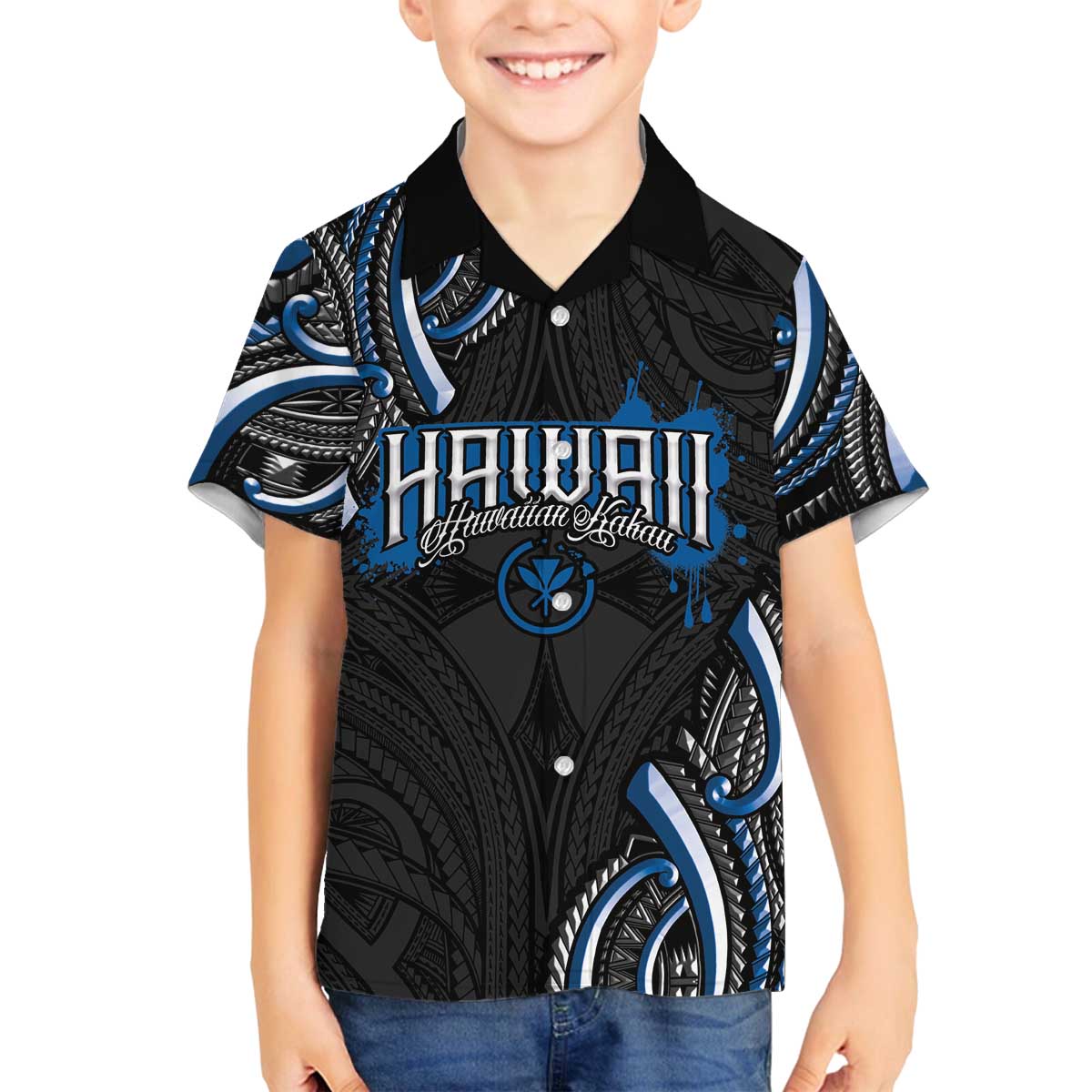 Traditional Art Hawaiian Kakau Tattoos Family Matching Off The Shoulder Long Sleeve Dress and Hawaiian Shirt Blue Color - Polynesian Pride