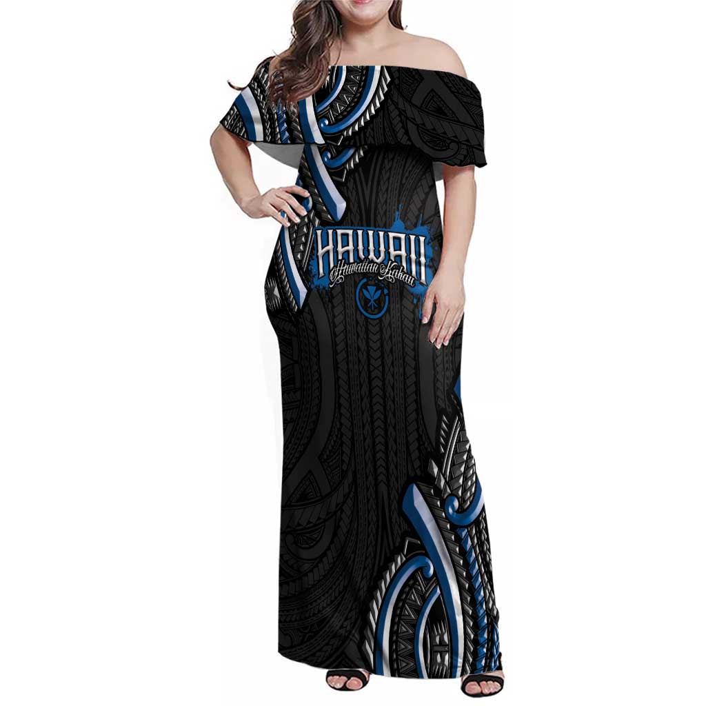 Traditional Art Hawaiian Kakau Tattoos Family Matching Off Shoulder Maxi Dress and Hawaiian Shirt Blue Color - Polynesian Pride