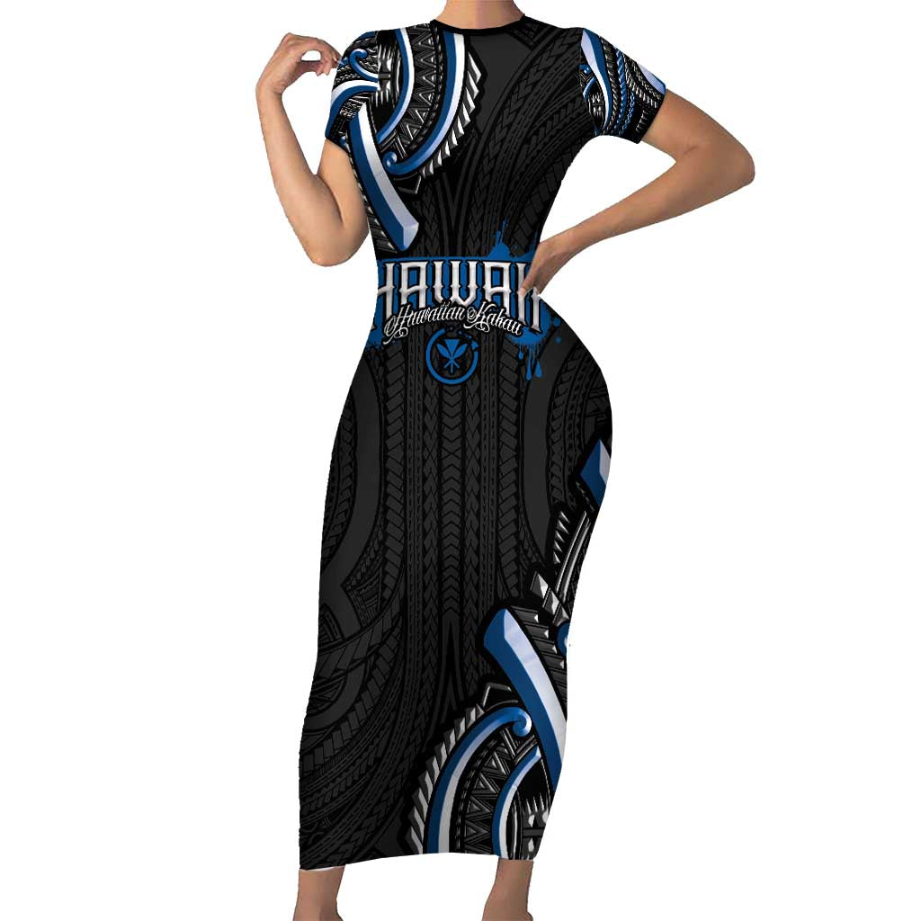 Traditional Art Hawaiian Kakau Tattoos Family Matching Short Sleeve Bodycon Dress and Hawaiian Shirt Blue Color - Polynesian Pride