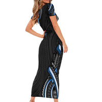 Traditional Art Hawaiian Kakau Tattoos Family Matching Short Sleeve Bodycon Dress and Hawaiian Shirt Blue Color - Polynesian Pride