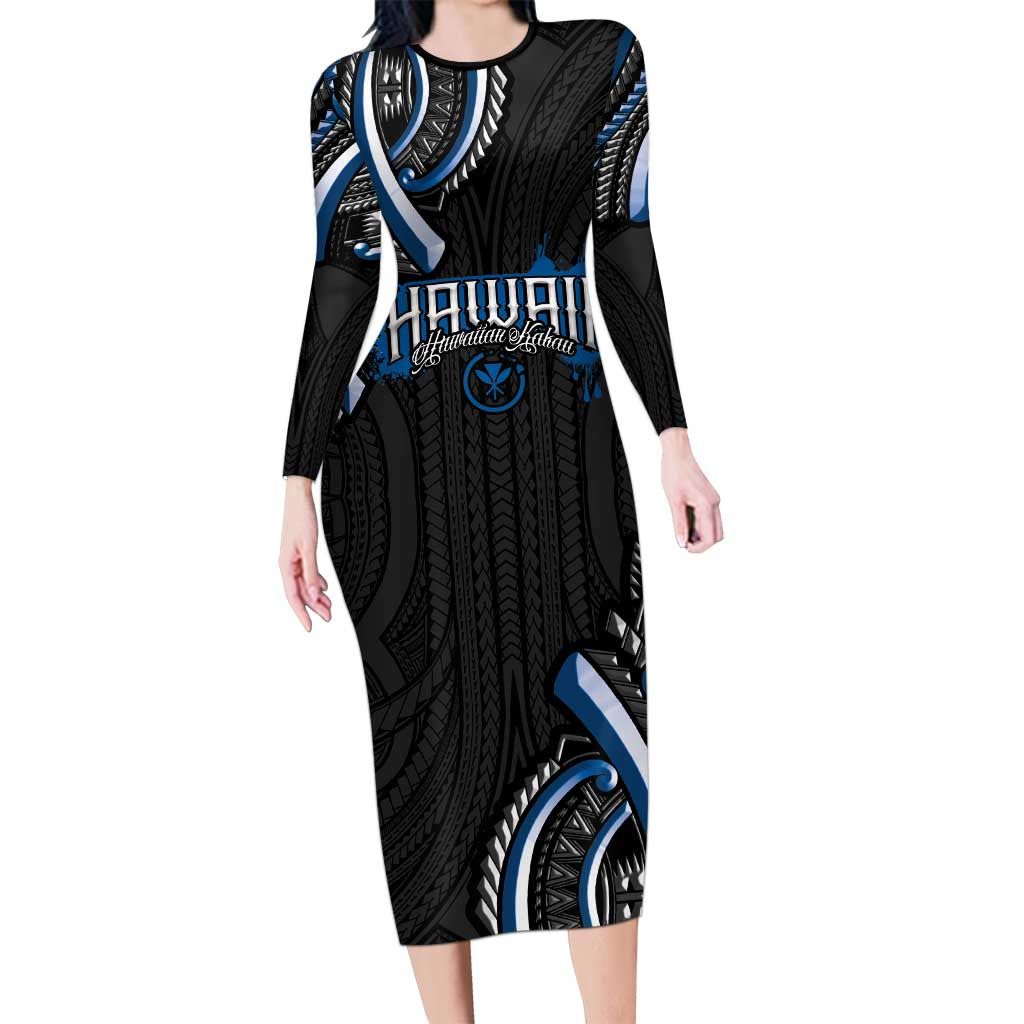 Traditional Art Hawaiian Kakau Tattoos Long Sleeve Bodycon Dress Blue Color - Polynesian Pride