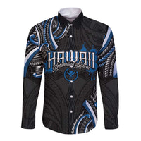 Traditional Art Hawaiian Kakau Tattoos Long Sleeve Button Shirt Blue Color LT03 Unisex Blue - Polynesian Pride