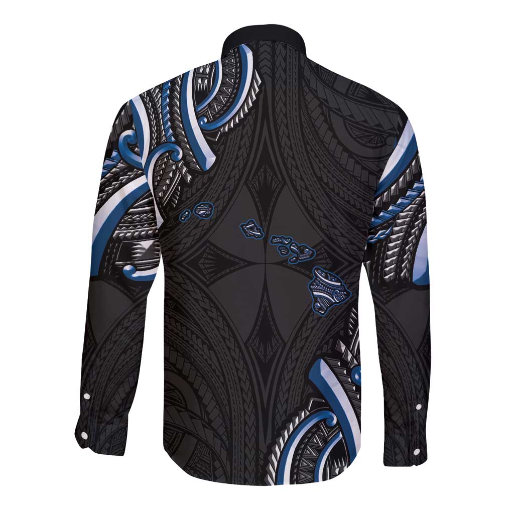 Traditional Art Hawaiian Kakau Tattoos Long Sleeve Button Shirt Blue Color LT03 - Polynesian Pride