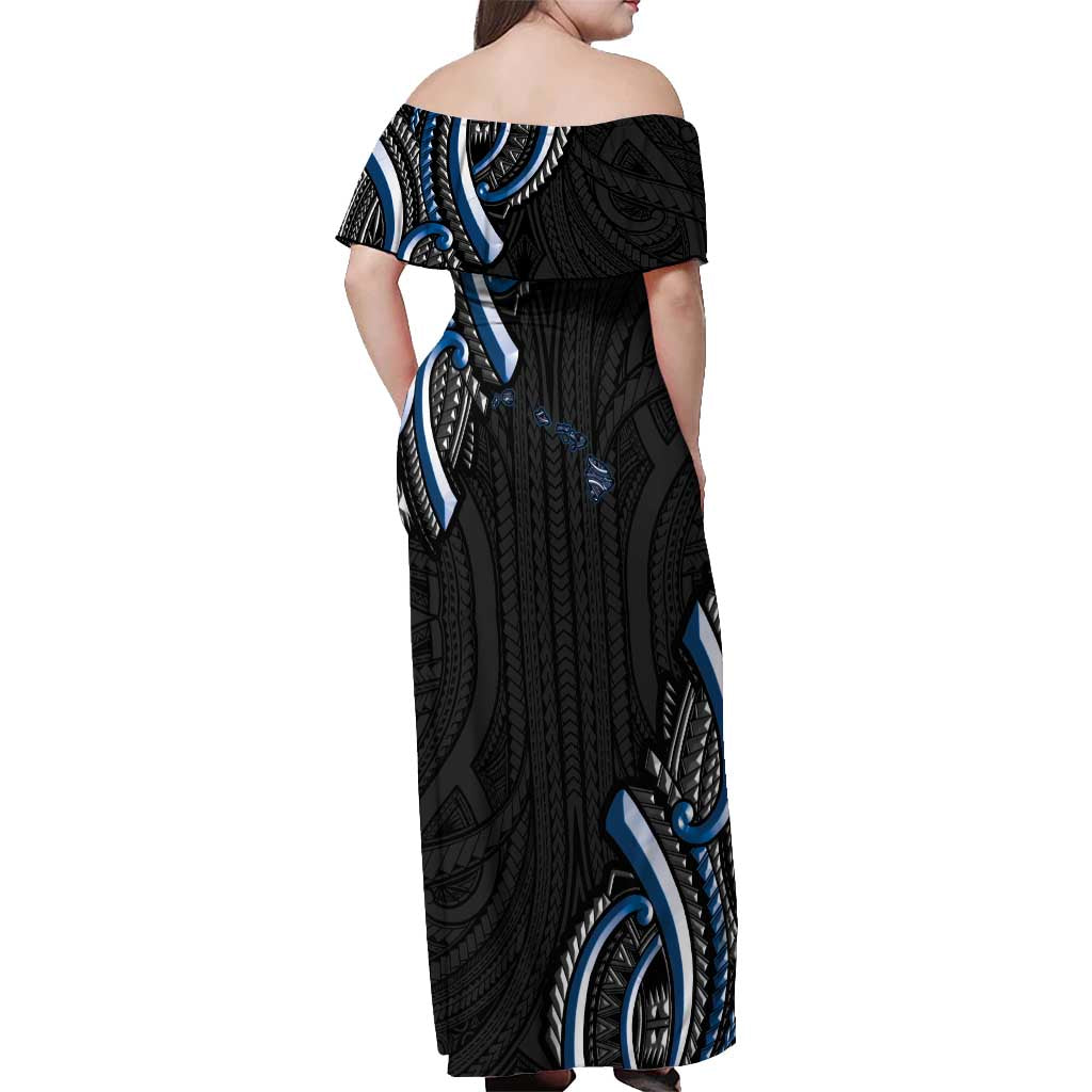 Traditional Art Hawaiian Kakau Tattoos Off Shoulder Maxi Dress Blue Color - Polynesian Pride