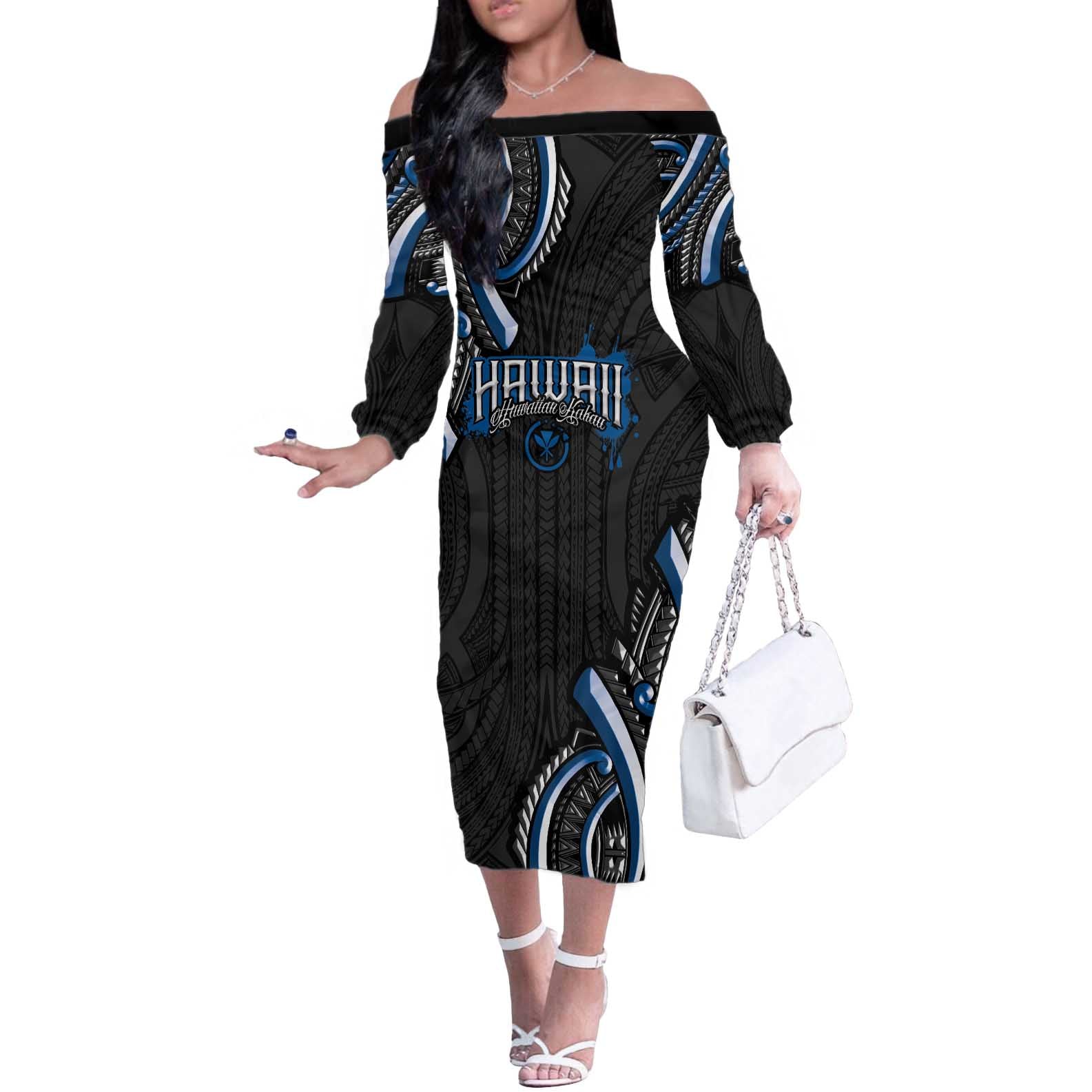 Traditional Art Hawaiian Kakau Tattoos Off The Shoulder Long Sleeve Dress Blue Color - Polynesian Pride