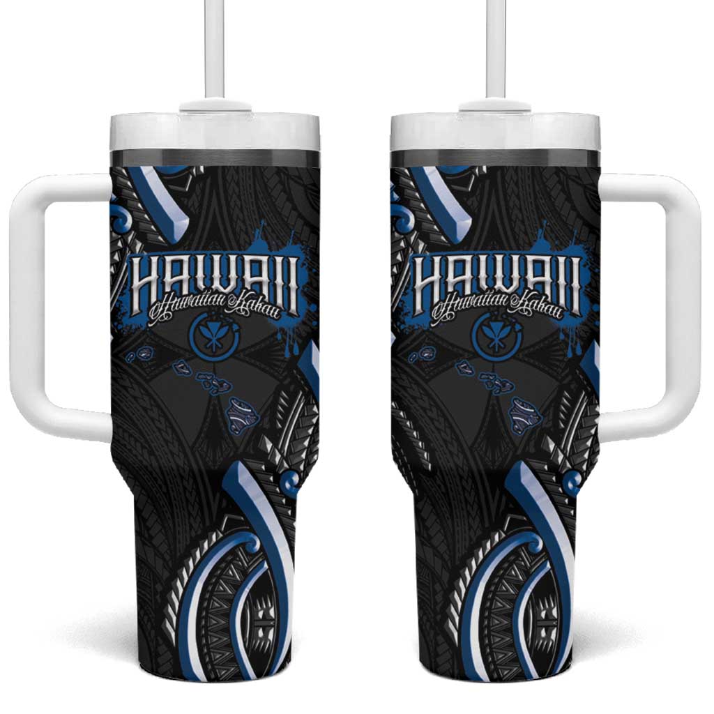 Traditional Art Hawaiian Kakau Tattoos Tumbler With Handle Blue Color - Polynesian Pride