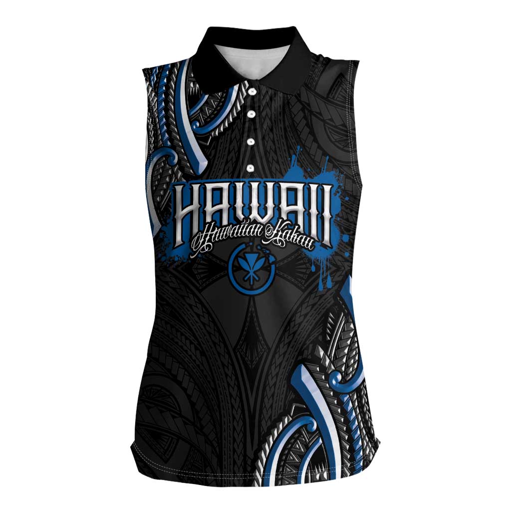 Traditional Art Hawaiian Kakau Tattoos Women Sleeveless Polo Shirt Blue Color - Polynesian Pride
