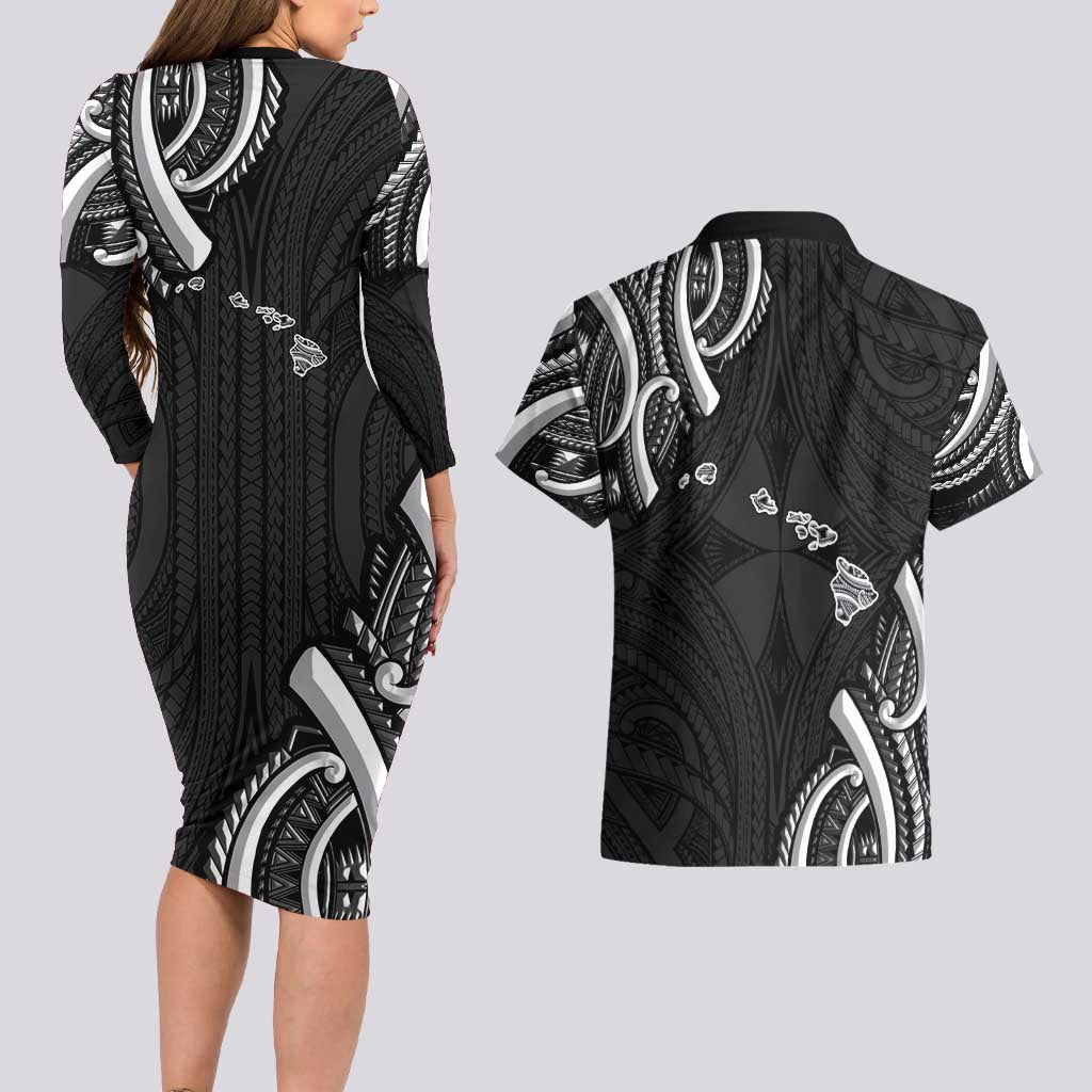 Traditional Art Hawaiian Kakau Tattoos Couples Matching Long Sleeve Bodycon Dress and Hawaiian Shirt White - Polynesian Pride
