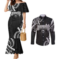 Traditional Art Hawaiian Kakau Tattoos Couples Matching Mermaid Dress and Long Sleeve Button Shirt White LT03 White - Polynesian Pride