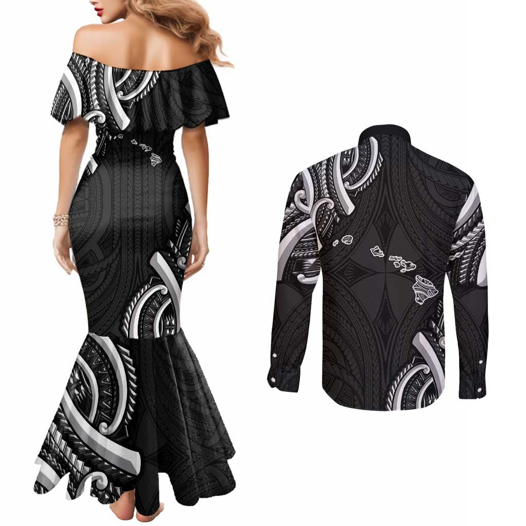 Traditional Art Hawaiian Kakau Tattoos Couples Matching Mermaid Dress and Long Sleeve Button Shirt White LT03 - Polynesian Pride