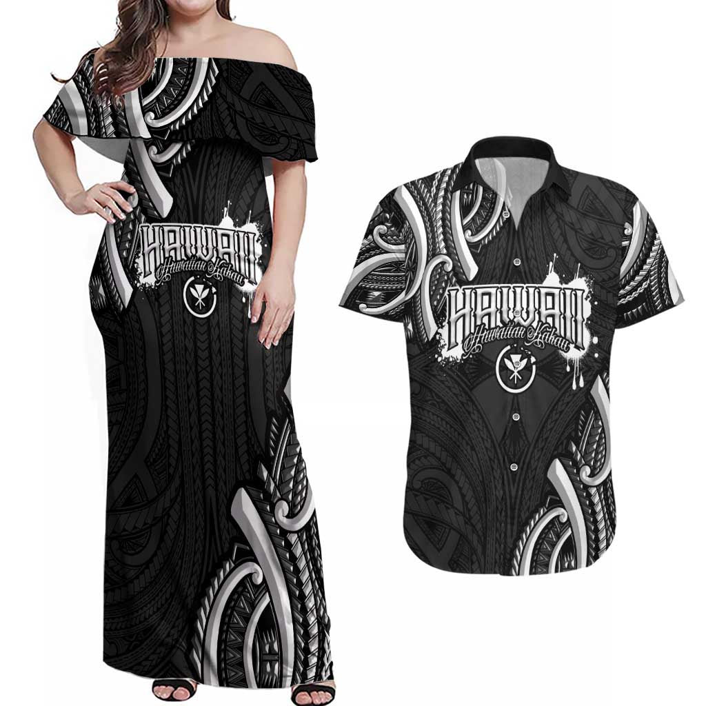 Traditional Art Hawaiian Kakau Tattoos Couples Matching Off Shoulder Maxi Dress and Hawaiian Shirt White LT03 White - Polynesian Pride