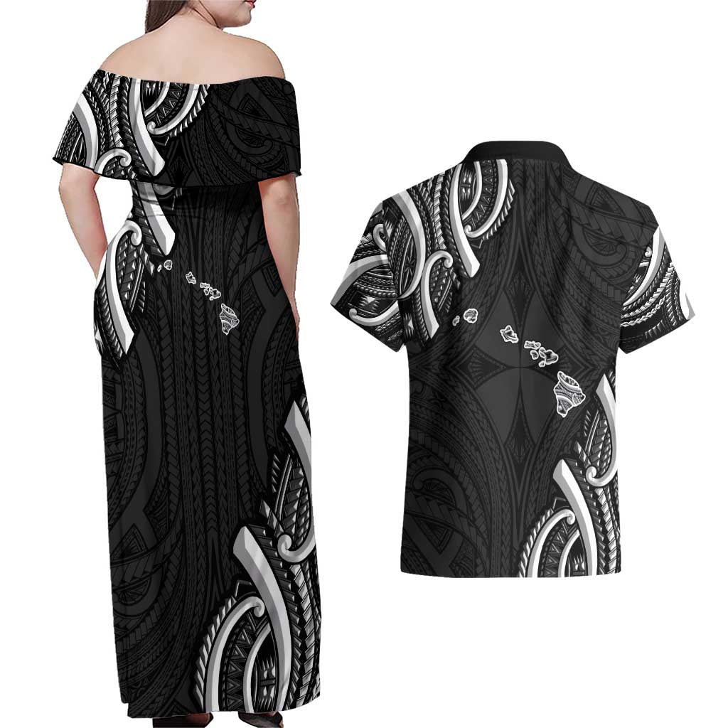 Traditional Art Hawaiian Kakau Tattoos Couples Matching Off Shoulder Maxi Dress and Hawaiian Shirt White LT03 - Polynesian Pride