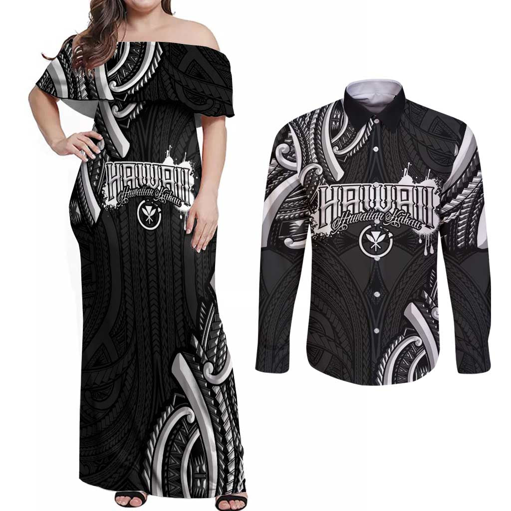 Traditional Art Hawaiian Kakau Tattoos Couples Matching Off Shoulder Maxi Dress and Long Sleeve Button Shirt White LT03 White - Polynesian Pride