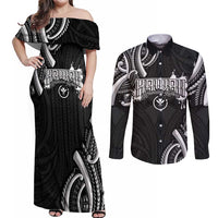 Traditional Art Hawaiian Kakau Tattoos Couples Matching Off Shoulder Maxi Dress and Long Sleeve Button Shirt White LT03 White - Polynesian Pride