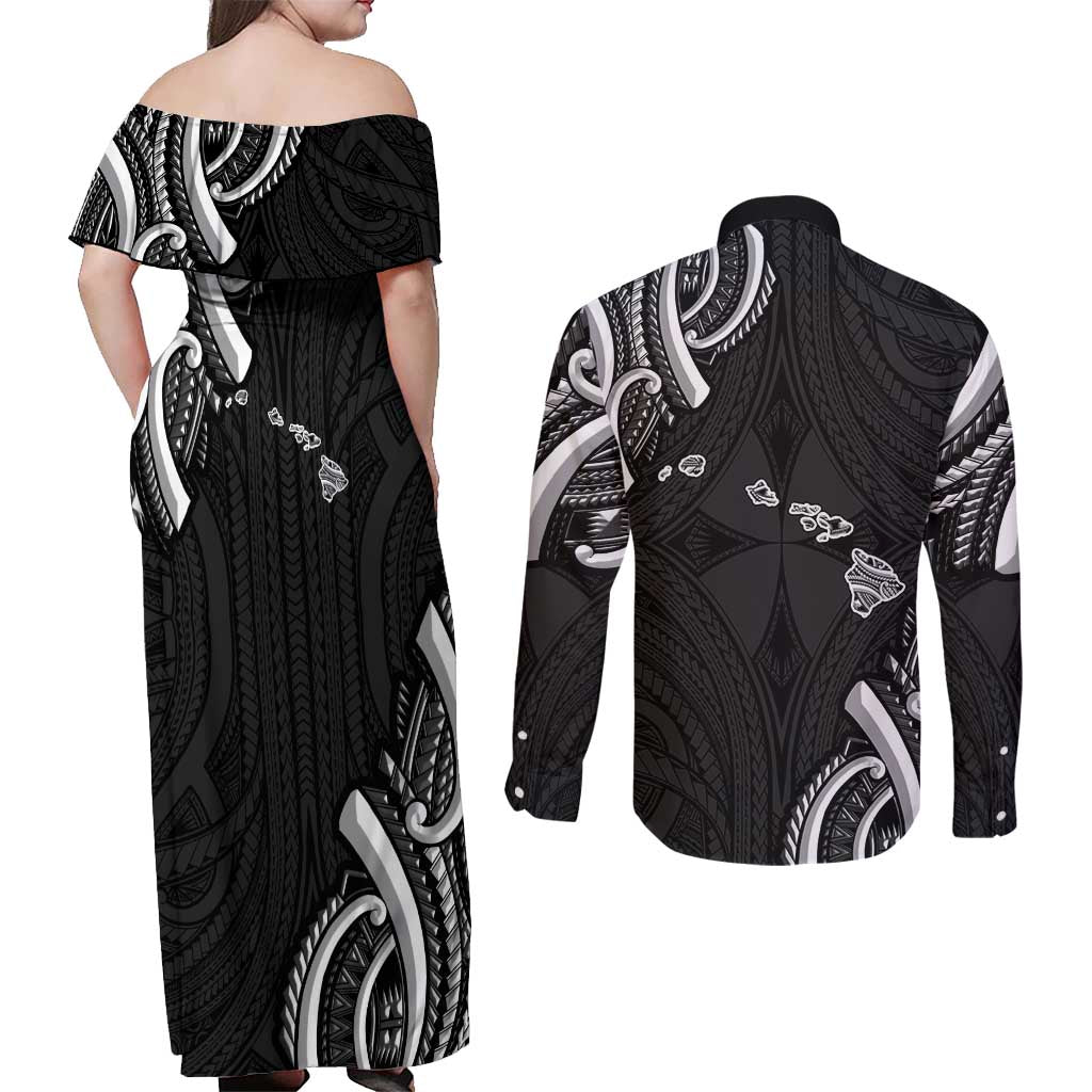Traditional Art Hawaiian Kakau Tattoos Couples Matching Off Shoulder Maxi Dress and Long Sleeve Button Shirt White LT03 - Polynesian Pride