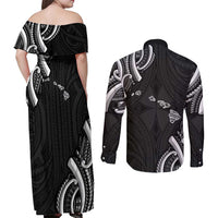 Traditional Art Hawaiian Kakau Tattoos Couples Matching Off Shoulder Maxi Dress and Long Sleeve Button Shirt White LT03 - Polynesian Pride