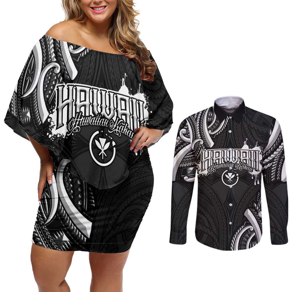 Traditional Art Hawaiian Kakau Tattoos Couples Matching Off Shoulder Short Dress and Long Sleeve Button Shirt White LT03 White - Polynesian Pride