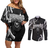 Traditional Art Hawaiian Kakau Tattoos Couples Matching Off Shoulder Short Dress and Long Sleeve Button Shirt White LT03 White - Polynesian Pride