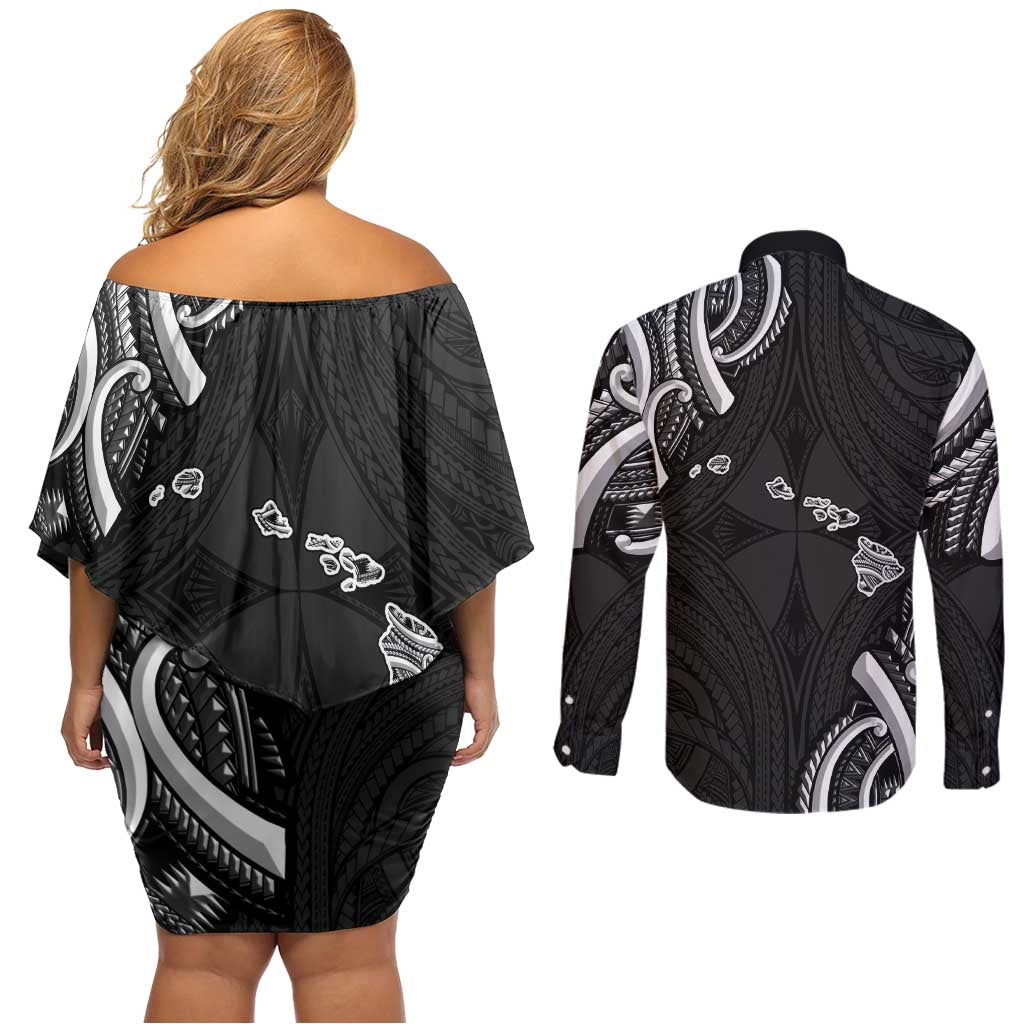 Traditional Art Hawaiian Kakau Tattoos Couples Matching Off Shoulder Short Dress and Long Sleeve Button Shirt White LT03 - Polynesian Pride
