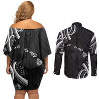 Traditional Art Hawaiian Kakau Tattoos Couples Matching Off Shoulder Short Dress and Long Sleeve Button Shirt White LT03 - Polynesian Pride