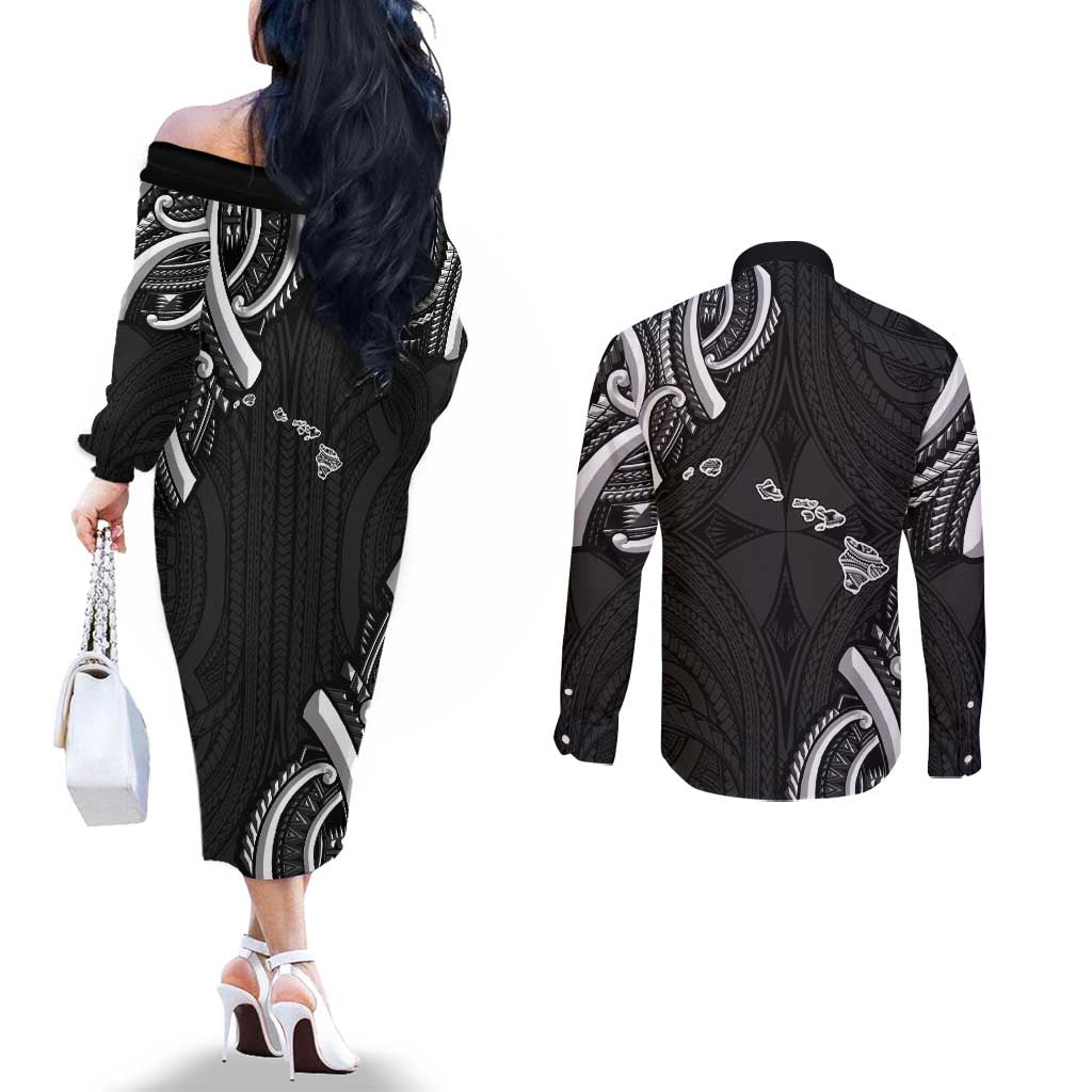 Traditional Art Hawaiian Kakau Tattoos Couples Matching Off The Shoulder Long Sleeve Dress and Long Sleeve Button Shirt White - Polynesian Pride