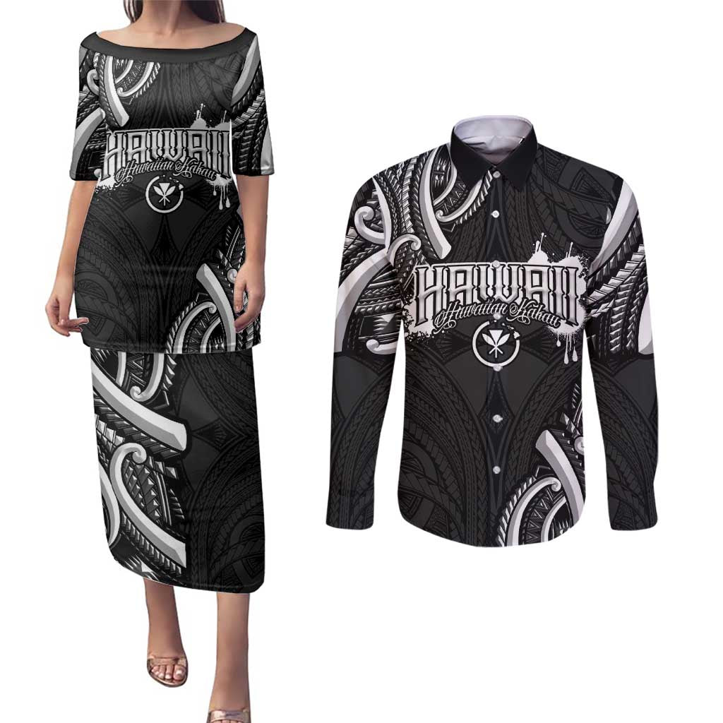 Traditional Art Hawaiian Kakau Tattoos Couples Matching Puletasi and Long Sleeve Button Shirt White LT03 White - Polynesian Pride