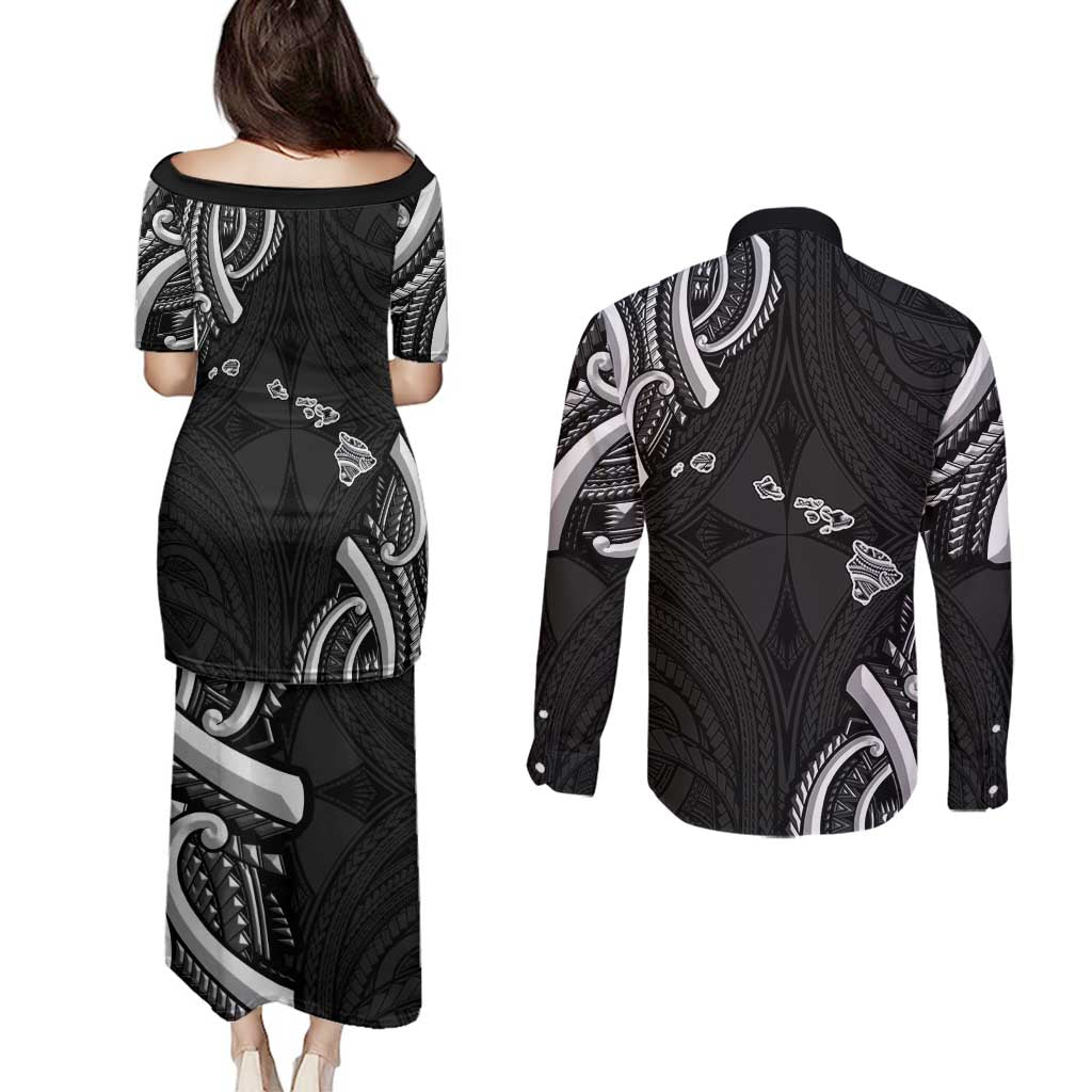 Traditional Art Hawaiian Kakau Tattoos Couples Matching Puletasi and Long Sleeve Button Shirt White LT03 - Polynesian Pride
