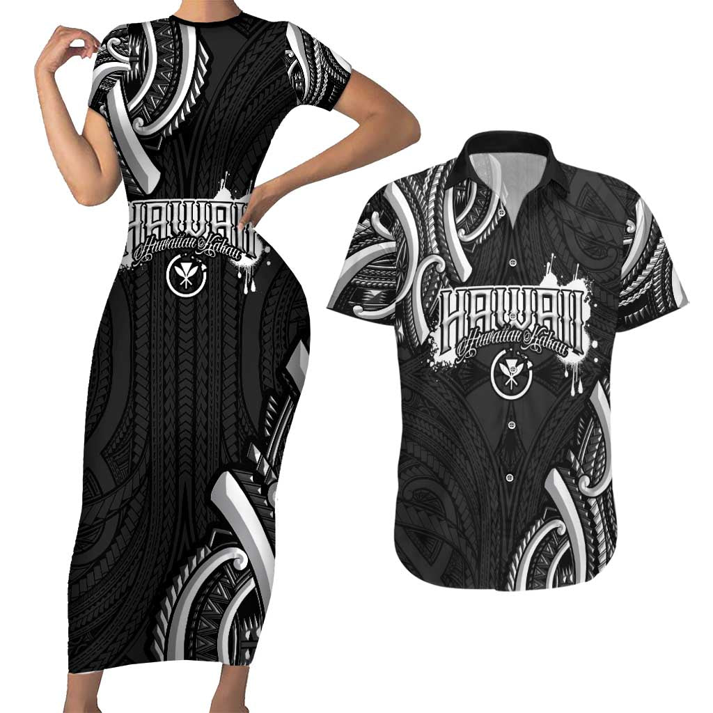 Traditional Art Hawaiian Kakau Tattoos Couples Matching Short Sleeve Bodycon Dress and Hawaiian Shirt White - Polynesian Pride