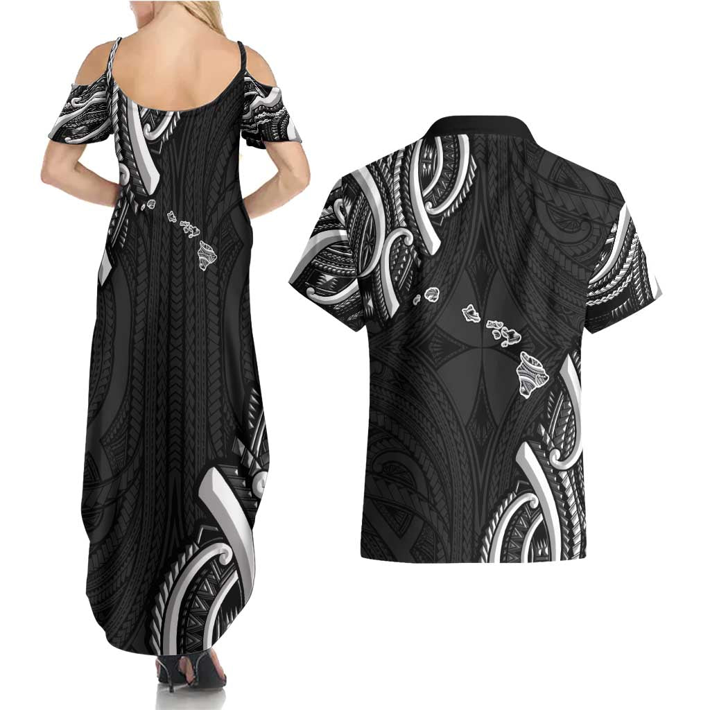 Traditional Art Hawaiian Kakau Tattoos Couples Matching Summer Maxi Dress and Hawaiian Shirt White LT03 - Polynesian Pride