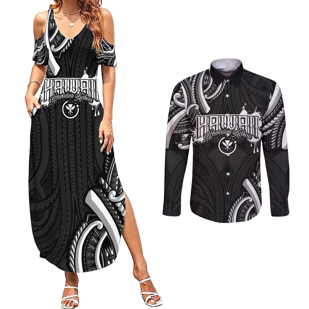 Traditional Art Hawaiian Kakau Tattoos Couples Matching Summer Maxi Dress and Long Sleeve Button Shirt White LT03 White - Polynesian Pride